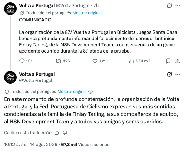 Vuelta a Portugal lamenta muerte de Finlay Tarling
