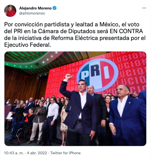 PRI votará en contra de la reforma eléctrica de AMLO/ Twitter de Alejandro Moreno