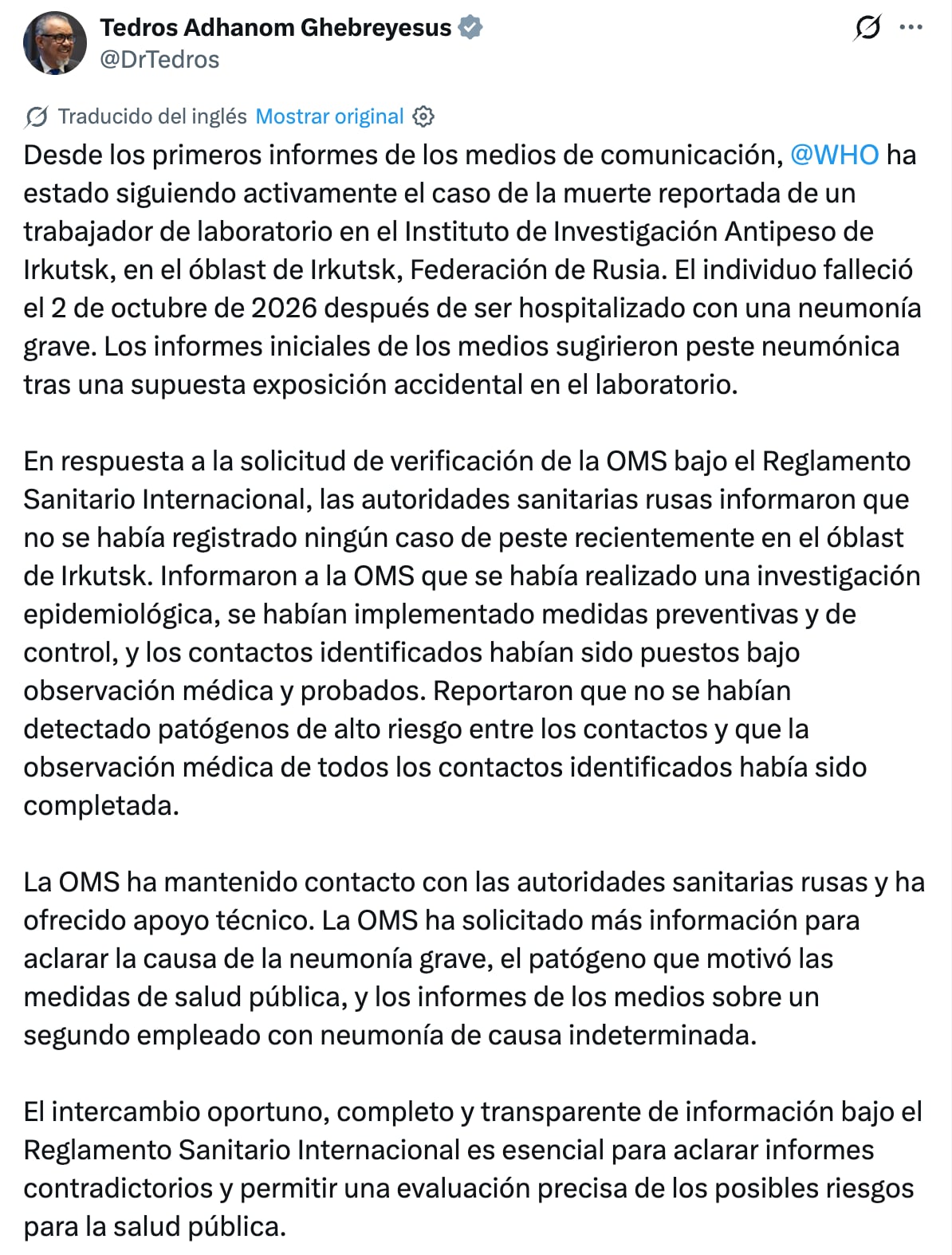 OMS pide investigaciones ante el reporte del segundo caso de peste neumónica en Rusia