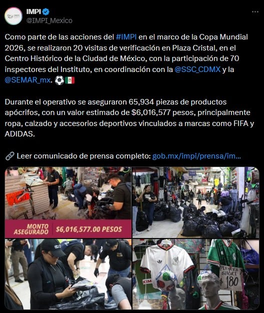 IMPI decomisa productos pirata en CDMX previo a la inauguración del Mundial 2026