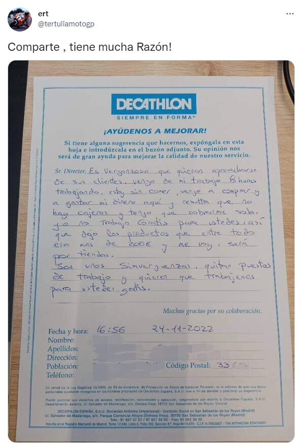 Reclamo de una clienta de Decathlon por las cajas de autocobro