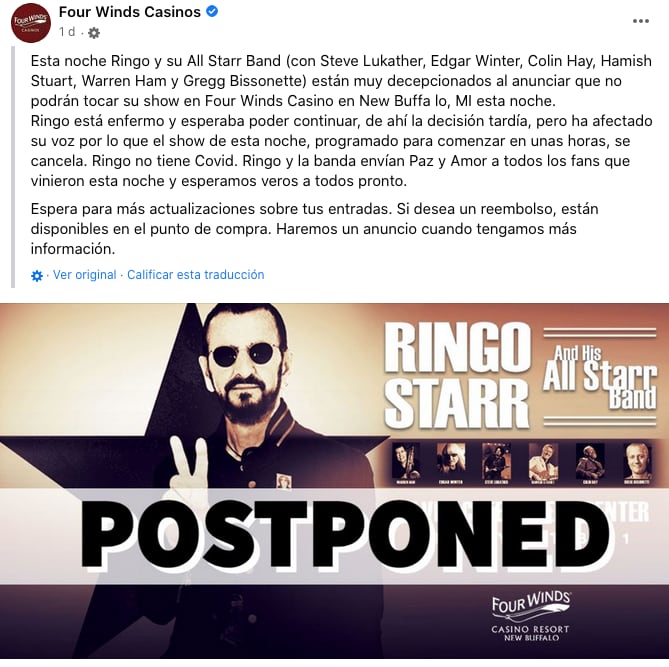 Comunicado de Four Winds Casino sobre Ringo Starr y su enfermedad.