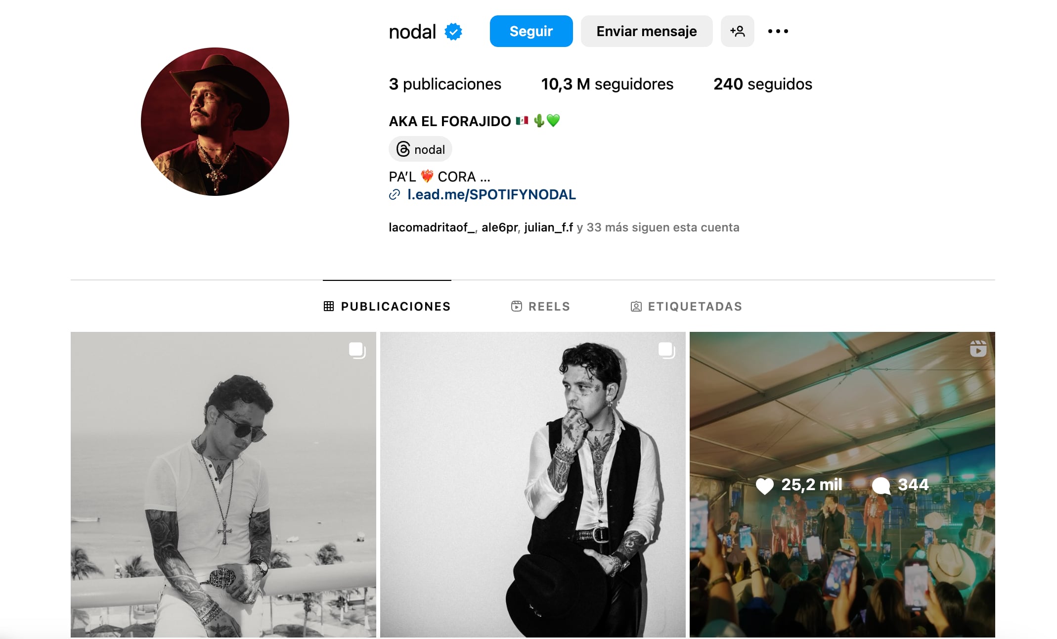 Perfil de Christian Nodal en Instagram