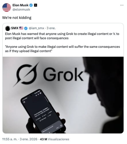 Elon Musk lanza advertencia sobre uso indebido de Grok
