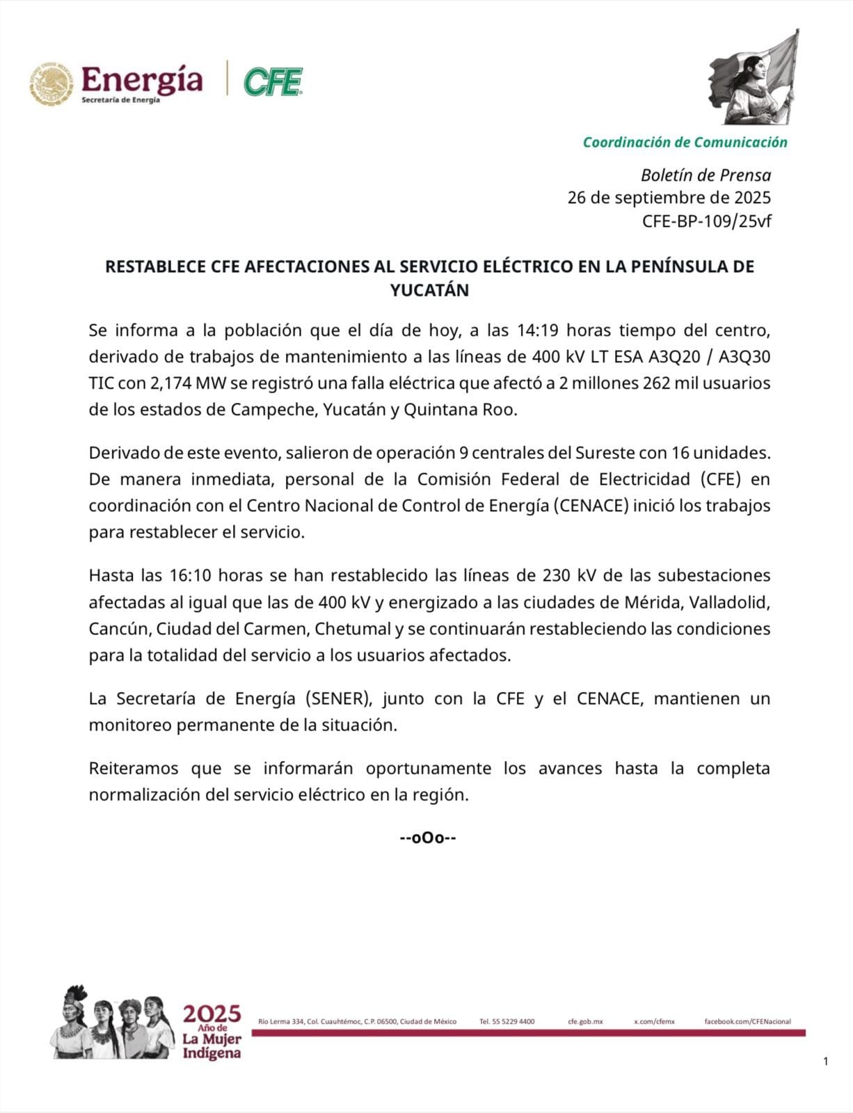 CFE sobre apagón masivo al sureste de México.