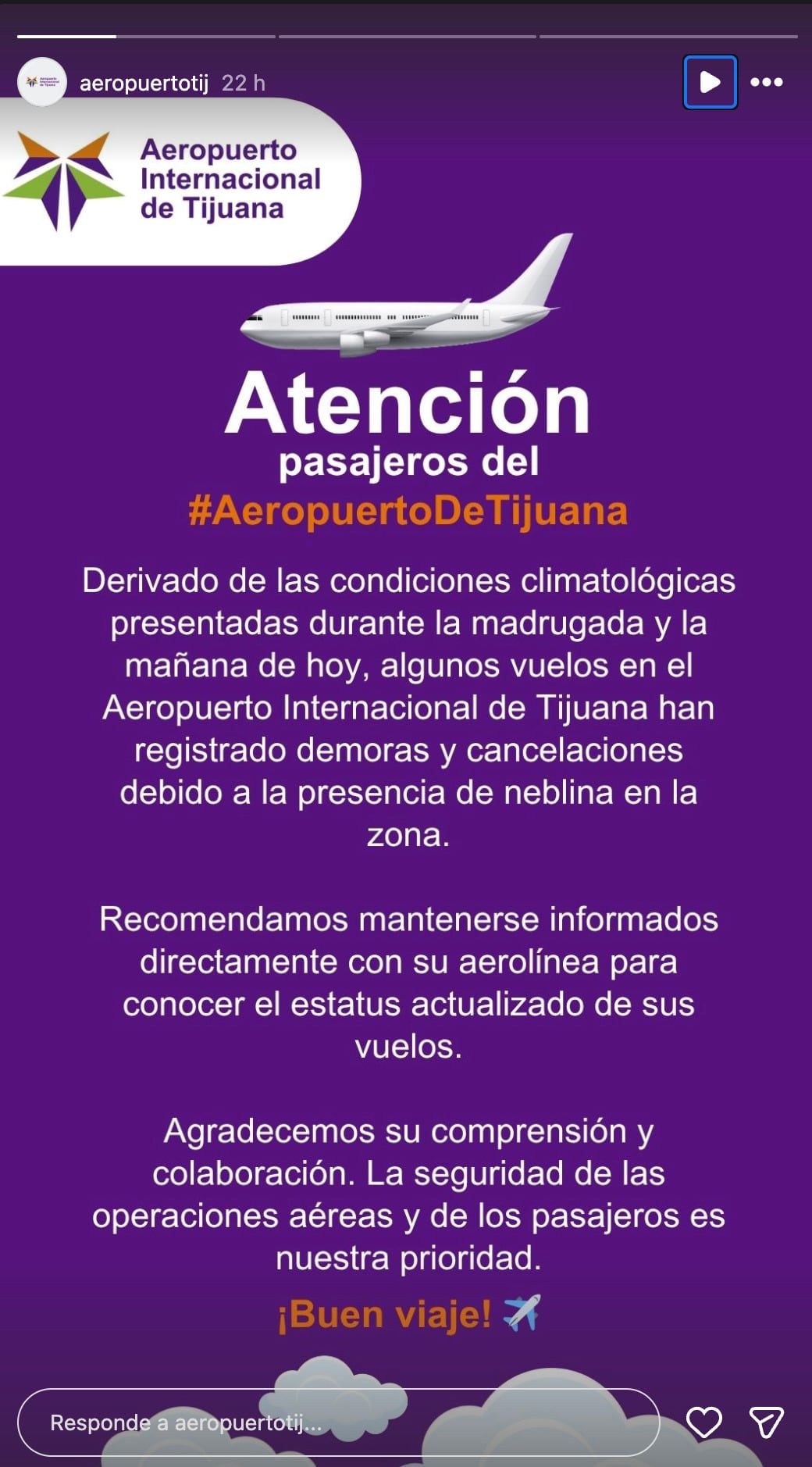 Aeropuerto de Tijuana envía comunicado por cancelación y retraso en vuelos por neblina