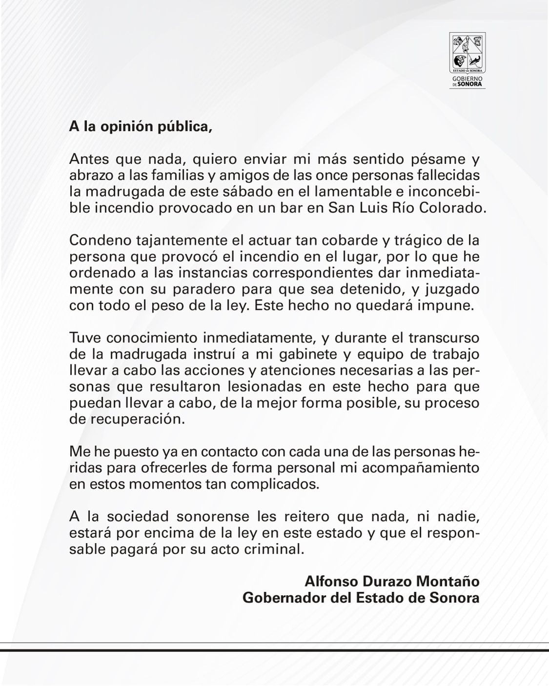 Alfonso Durazo calificó como inconcebible al atentado contra un bar en San Luis Río Colorado, Sonora