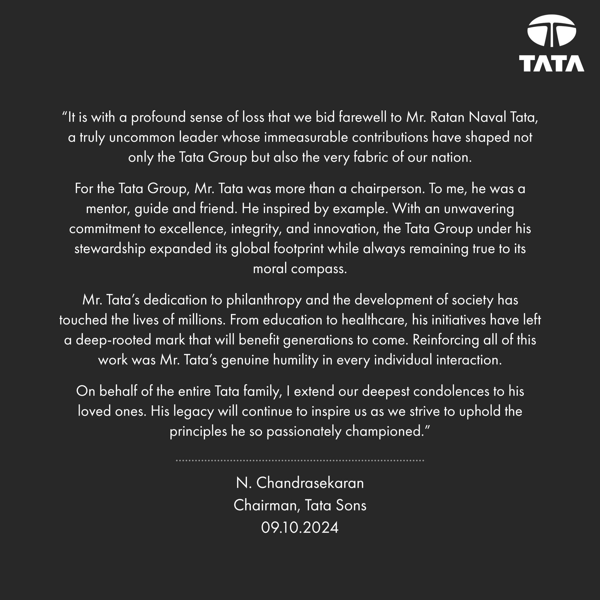 A través de redes sociales, el Grupo Tata expresó su dolor por el fallecimiento de Ratan Tata.