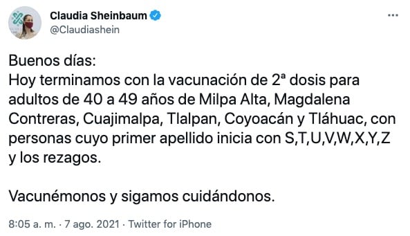 Tuit de Claudia Sheinbaum