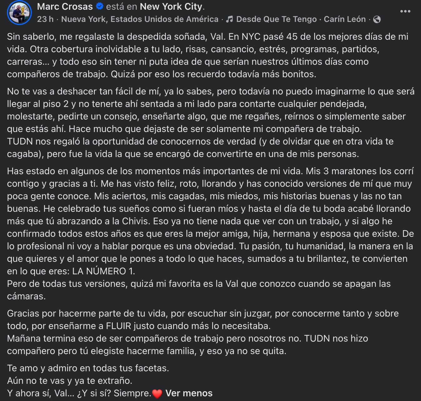 Marc Crosas dedica emotivo mensaje a Valeria Marín