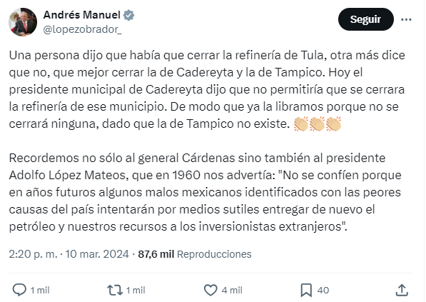AMLO responde a Xóchitl Gálvez por propuesta de cerrar refinerías