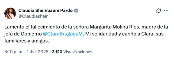 Claudia Sheinbaum lamenta muerte de la mamá de Clara Brugada