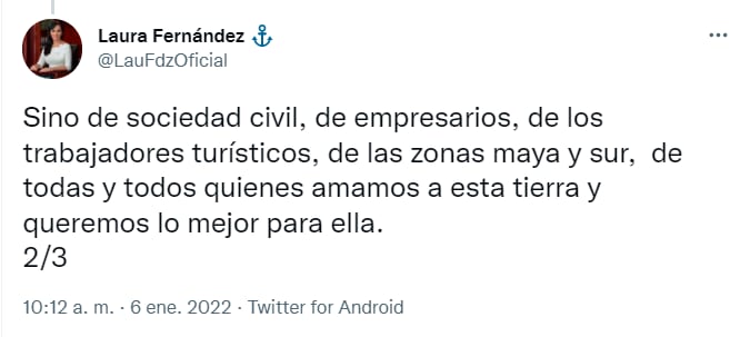 Tuit de la diputada Laura Fernández quien busca la candidatura de la gubernatura de Quintana Roo