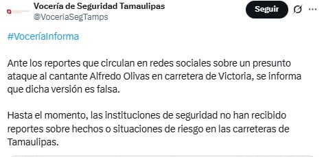 Seguridad en Tamaulipas niega atentado contra Alfredo Olivas.