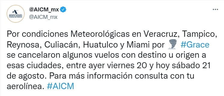 Publicación del AICM en Twitter