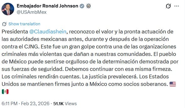 Ronald Johnson reconoce actuación de México por muerte de El Mencho