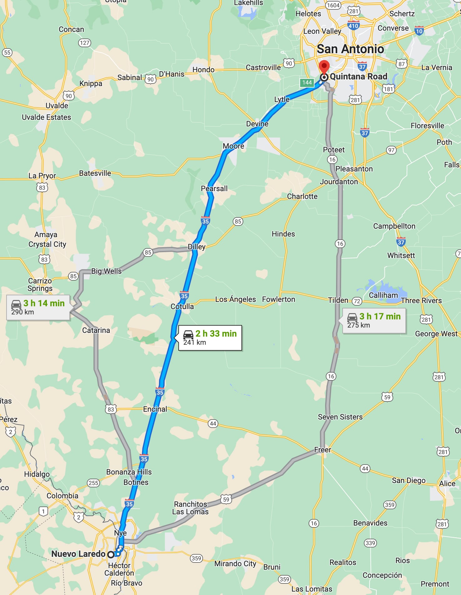 Distancia entre Nuevo Laredo, Tamaulipas, y San Antonio, Texas.