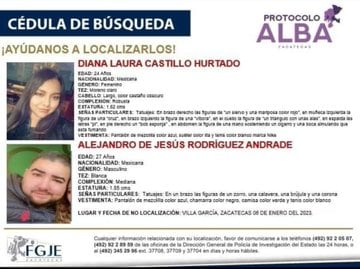 Cédula de búsqueda para Diana Laura Castillo Hurtado y su acompañante, Alejandro de Jesús Rodríguez Andrade