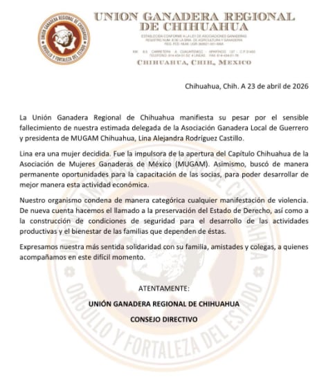 UGRCH lamenta muerte de Lina Rodríguez