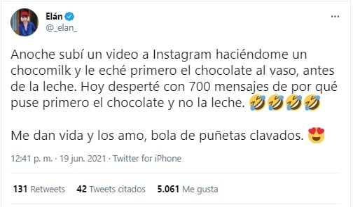 Elán generó polémica al prepararse un vaso de leche con chocolate