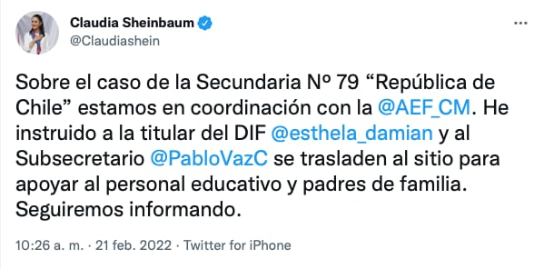 Claudia Sheinbaum envía apoyo a la escuela secundaria no.79 "República de Chile"