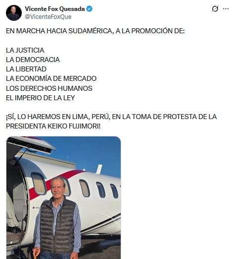 Vicente Fox comparte que va a la toma de protesta de Keiko Fujimori en Perú.