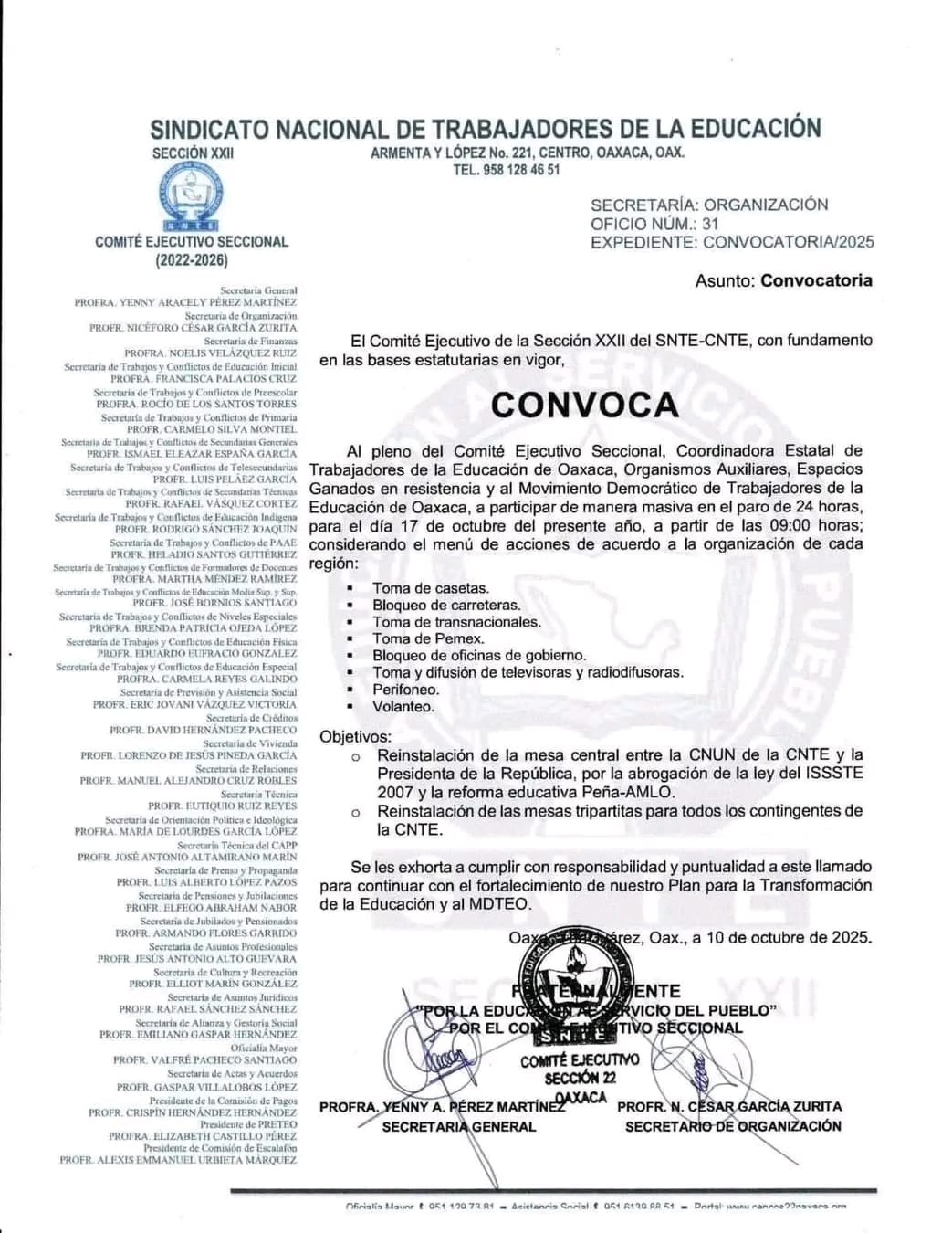 Comunicado del CNTE sobre bloqueo de Pemex en Oaxaca