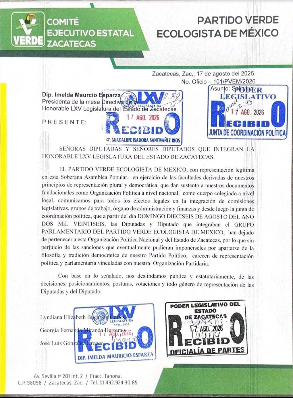 Partido Verde separa a tres diputados de Zacatecas
