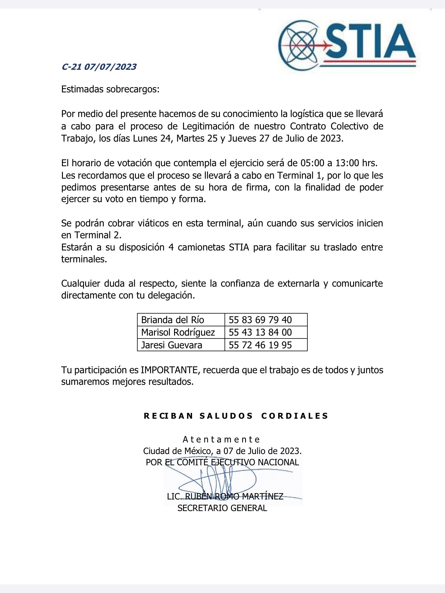 Comunicado para el conocimiento del proceso de legitimación de contrato colectivo
