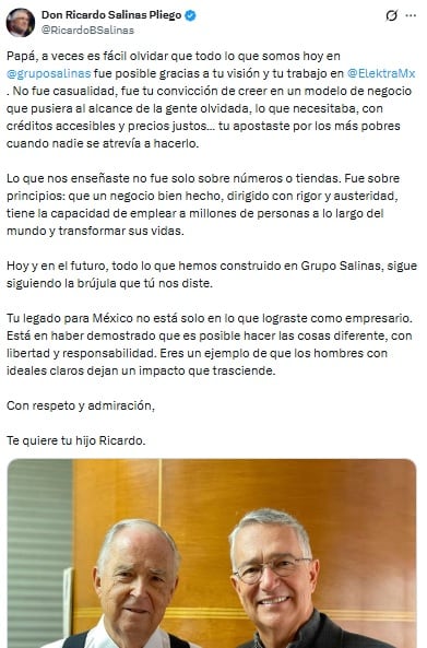 Ricardo Salinas Pliego felicita a su papá por el Día del Padre.