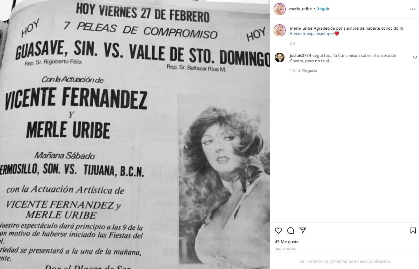 Merle Uribe se despide de Vicente Fernández