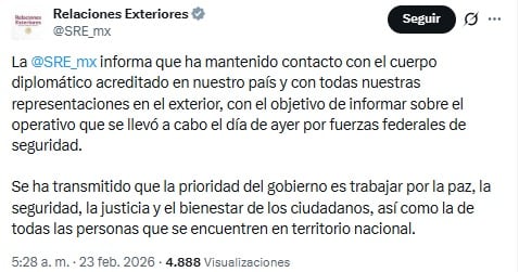 La Secretaría de Relaciones Exteriores informa sobre operativo contra El Mencho.
