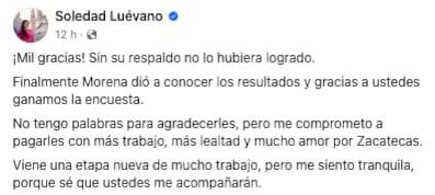 Soledad Luévano celebra ganar en las encuesta de Morena para el Senado