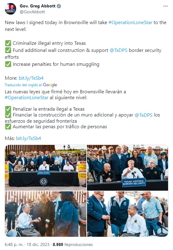 El gobernador de Texas, Greg Abbott, firmó un paquete de leyes para deportar mexicanos y migrantes ilegales