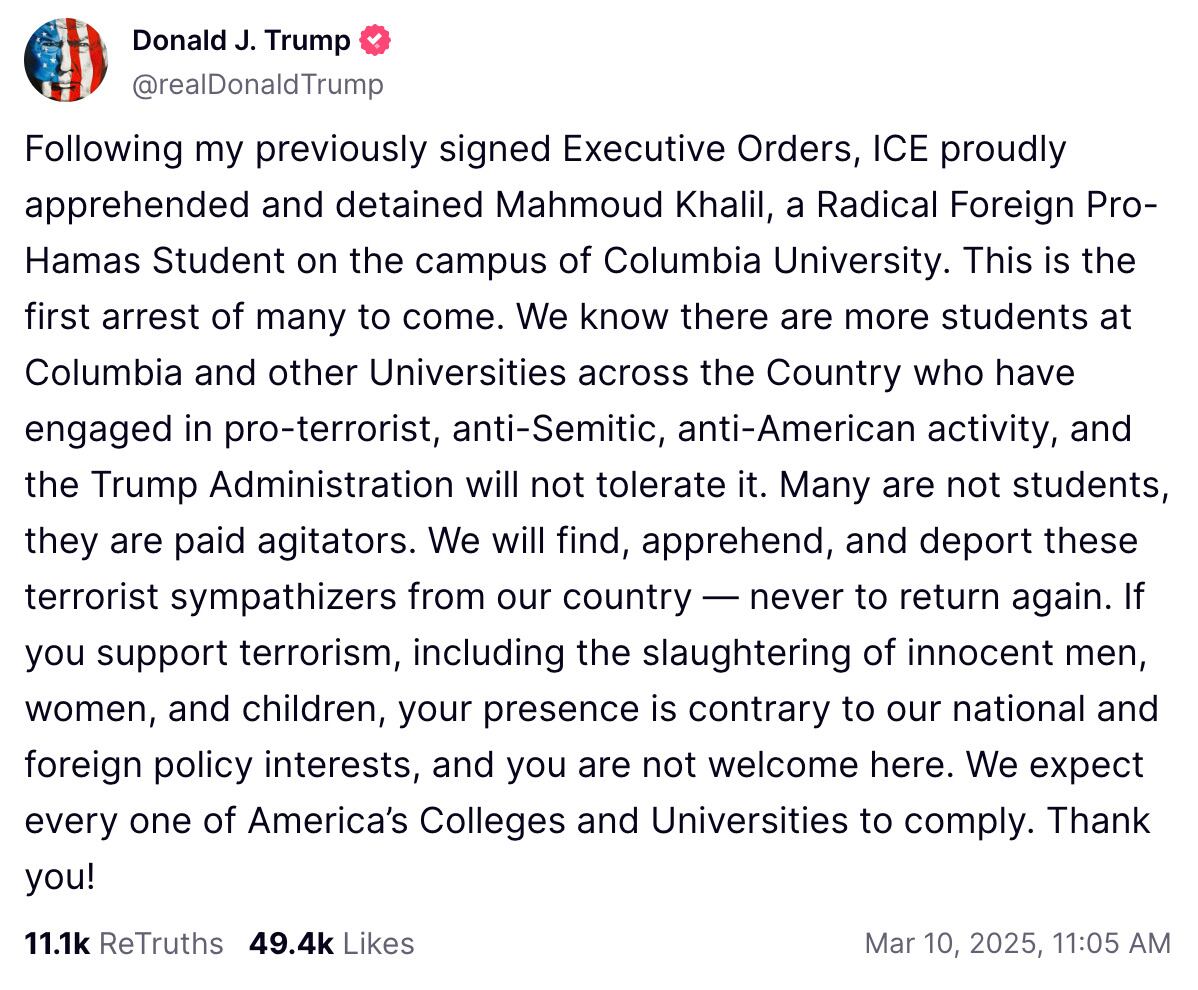 Donald Trump sobre Mahmoud Khalil.