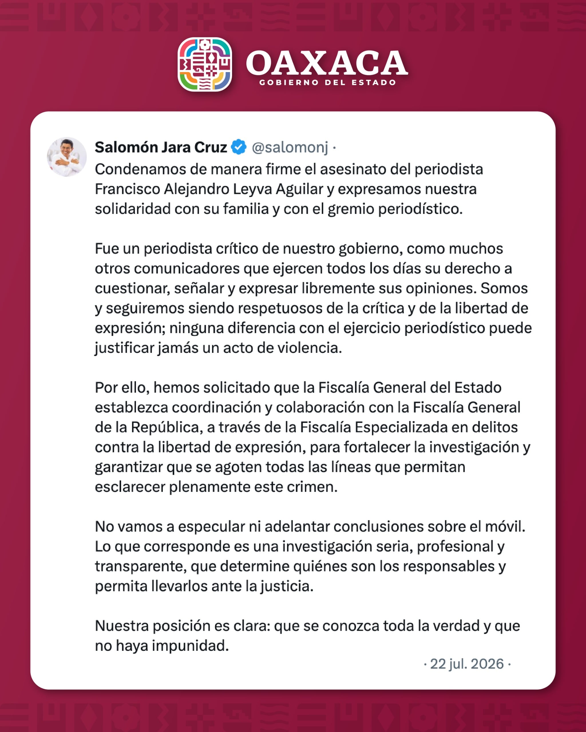 Salomón Jara pide investigar asesinato de Francisco Alejandro Leyva Aguilar.