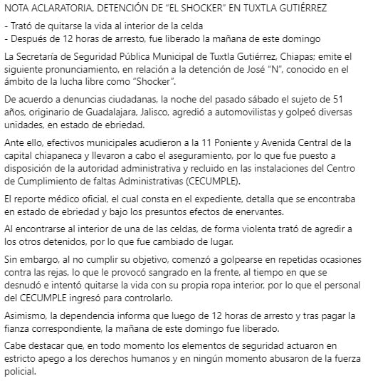 Comunicado sobre a detención de Shocker