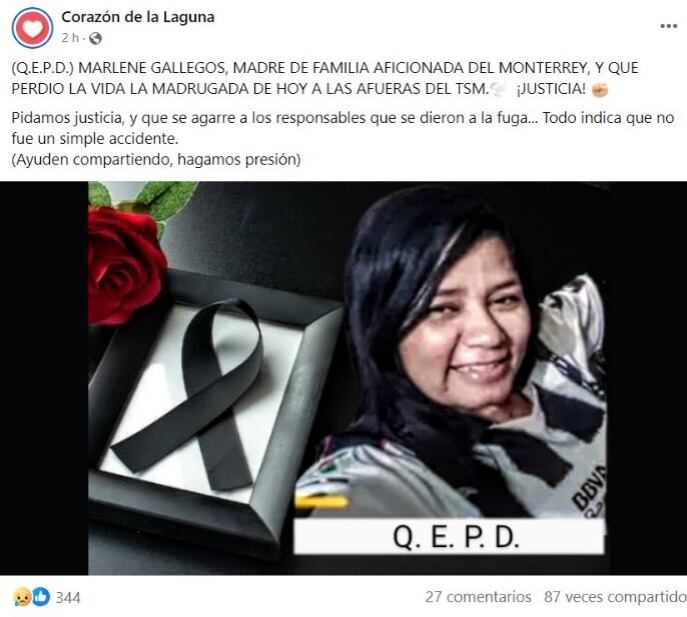 Marlene Gallegos, fan de Rayados de que murió en el Estadio de Santos Laguna.