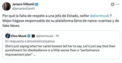 Jerano Villamil ataca a Elon Musk en defensa de Claudia Sheinbaum