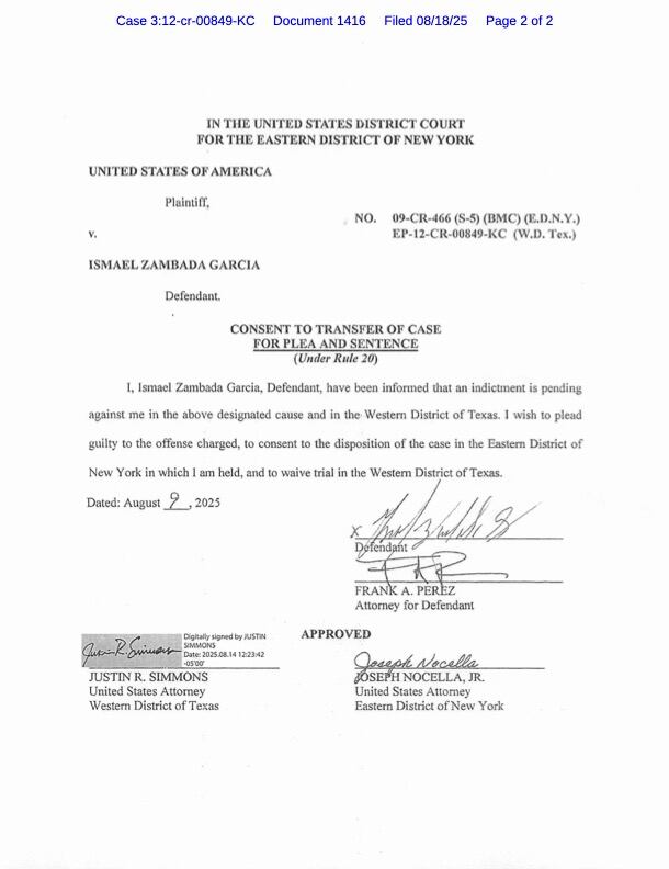 Documento con el que el Mayo Zambada informa que se declarará culpable