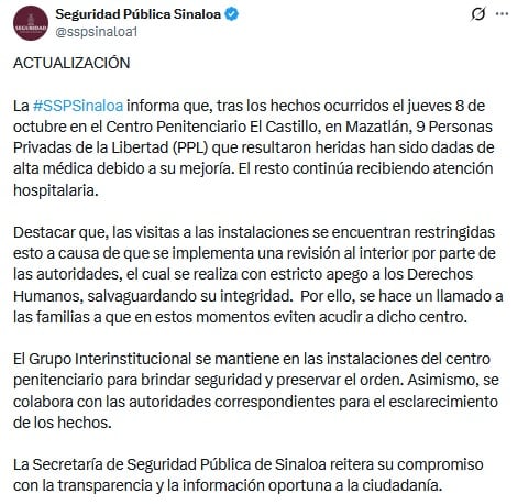 Seguridad de Sinaloa informa sobre la riña del penal de El Castillo.