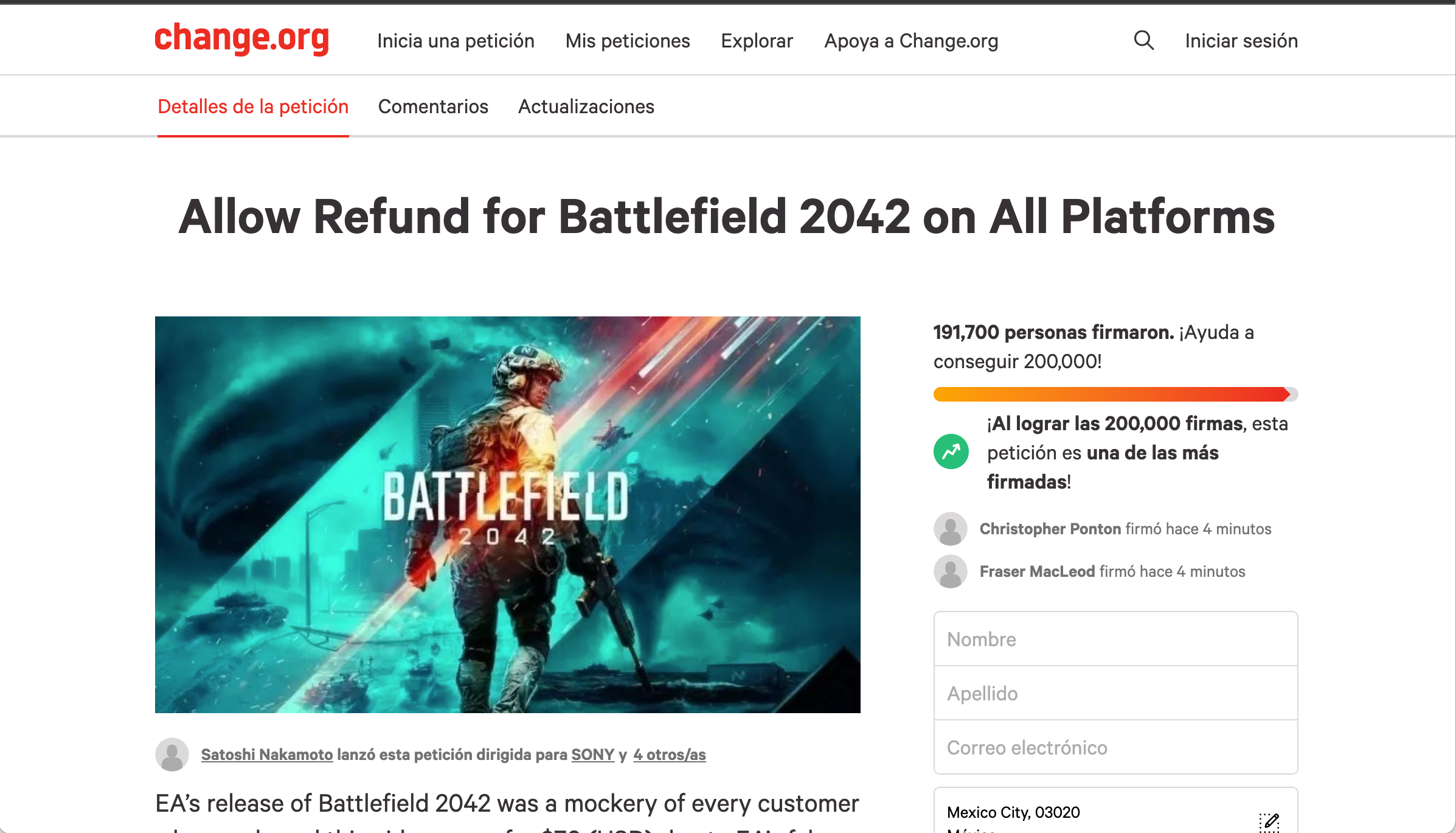 Petición de reembolso par 'Battlefield 2042' en Change.org
