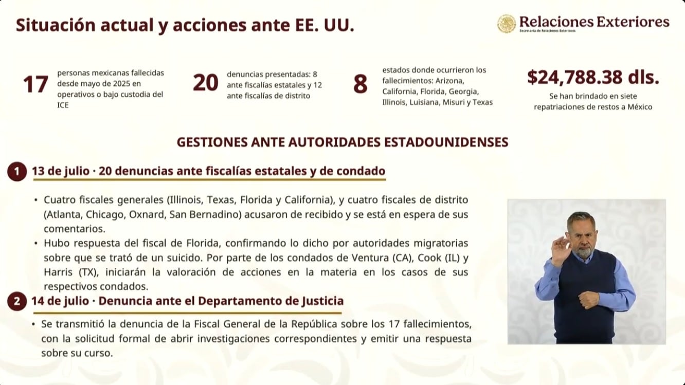 Estas son las acciones de la SRE ante los casos de los mexicanos muertos bajo custodia de ICE en Estados Unidos