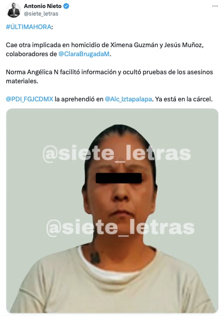 Detienen a mujer implicada en el asesinato de Ximena Guzmán y José Muñoz