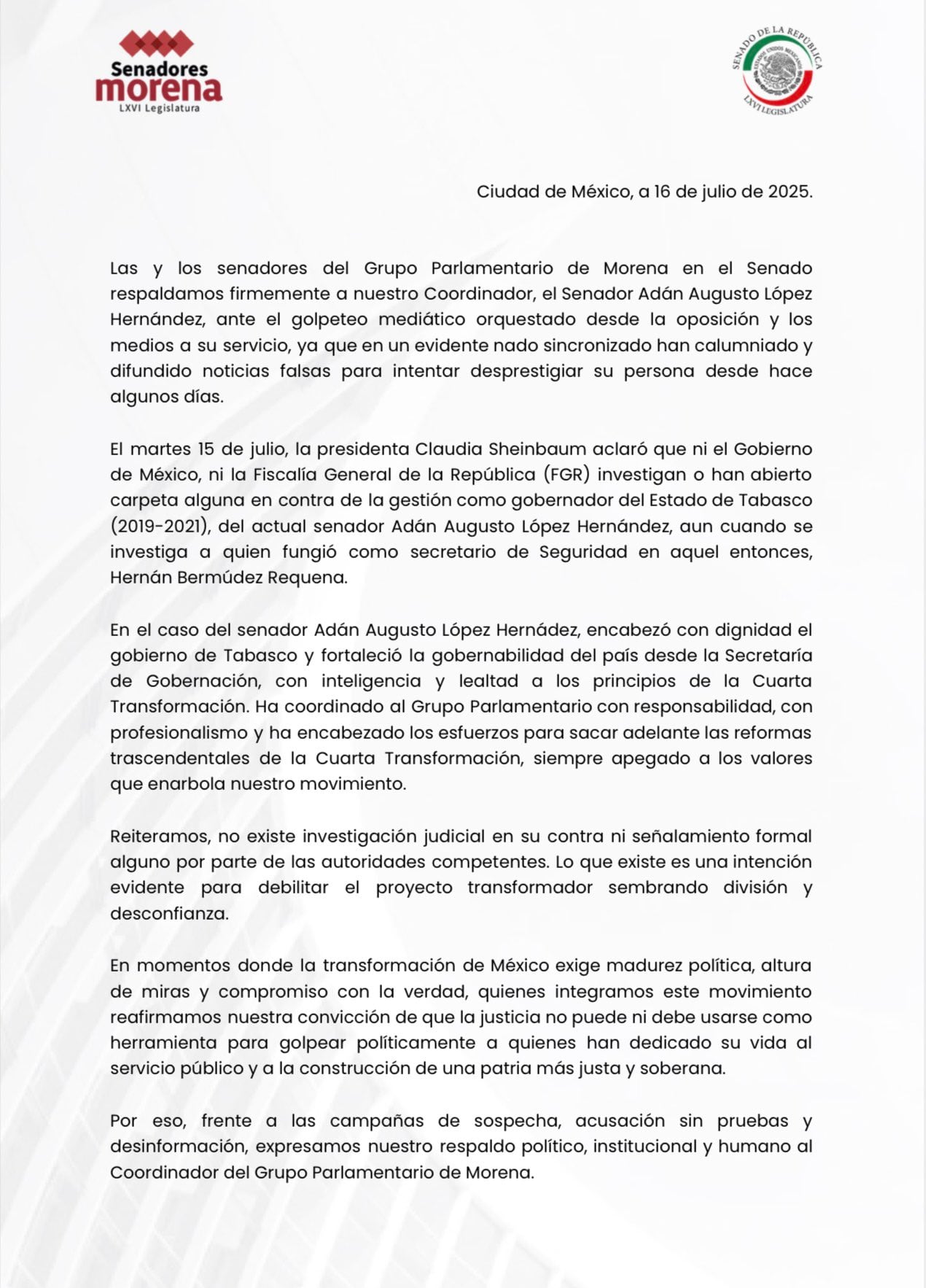 Morena cierra filas en el Senado para respaldar a Adán Augusto López