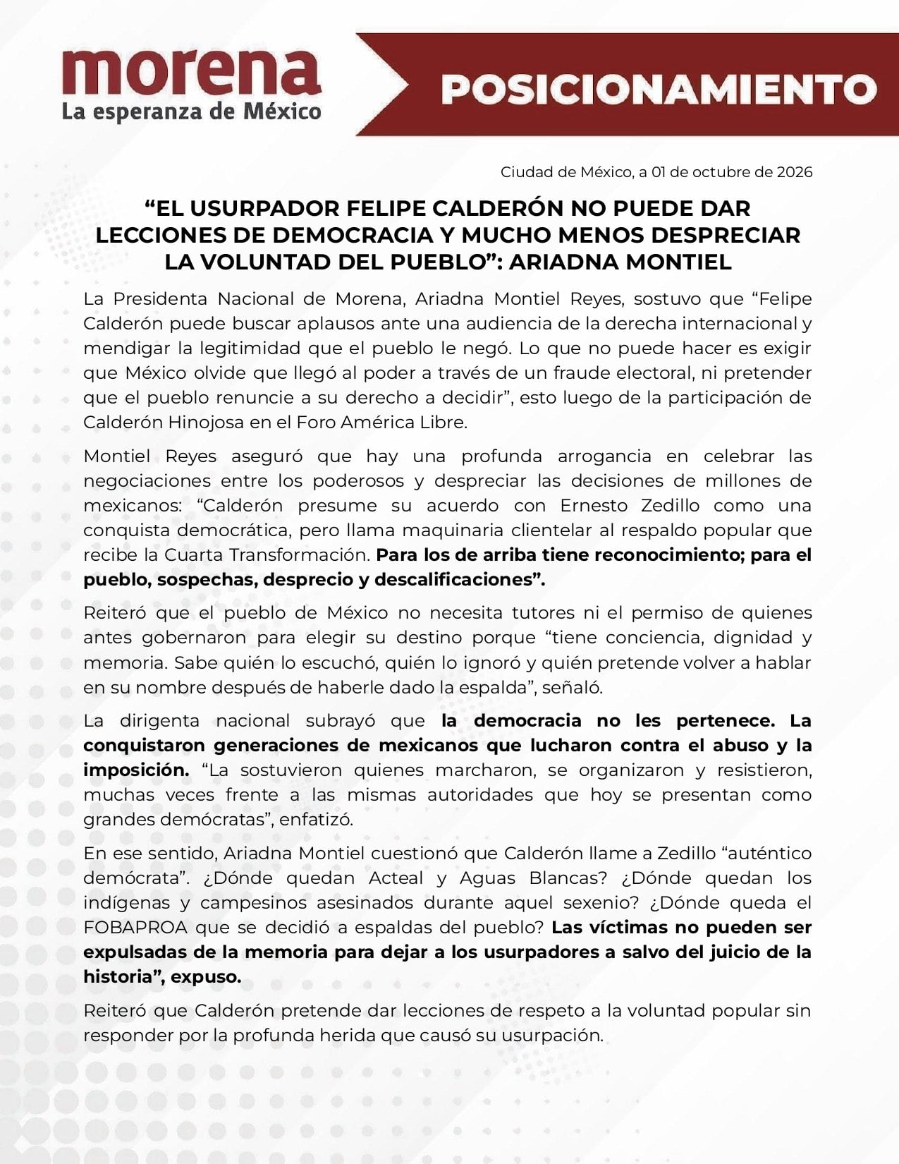 Mensaje de Ariadna Montiel a Felipe Calderón