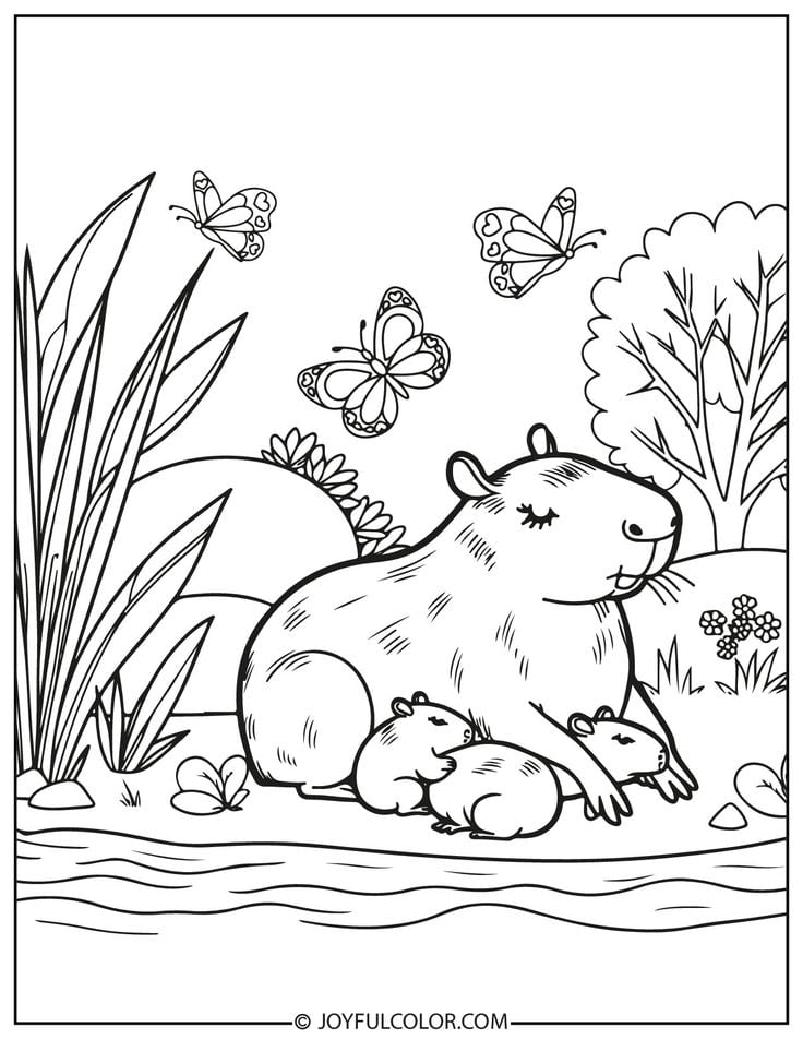 Dibujos de capibara en primavera para colorear