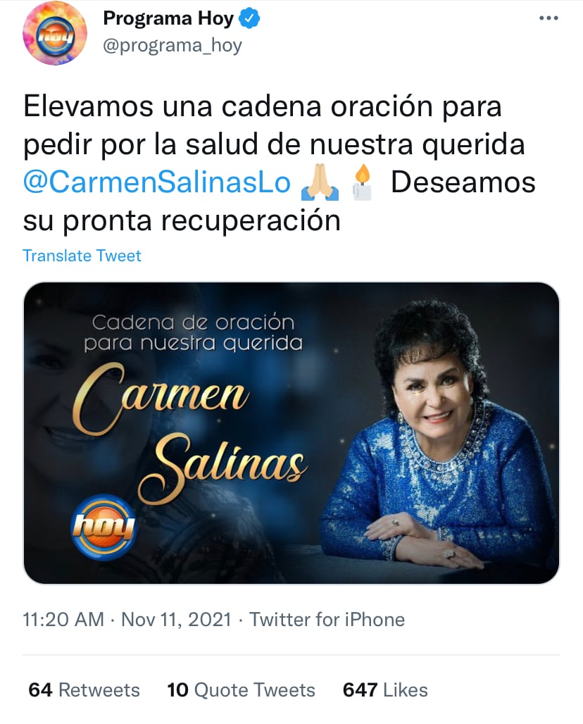 "Hoy" pide oraciones por Carmen Salinas