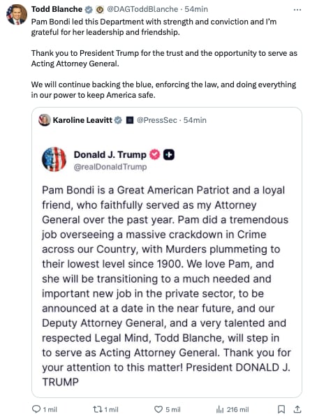 Primeras palabras de Todd Blanche como Fiscal General Adjunto de Estados Unidos