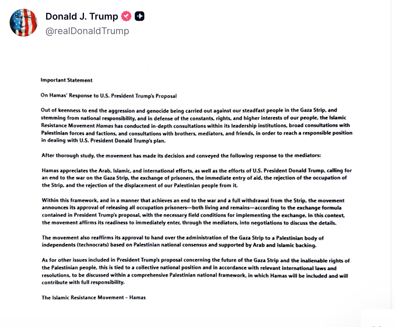 Donald Trump publicó la carta de Hamás con la que la organización informa que acepta el acuerdo de paz